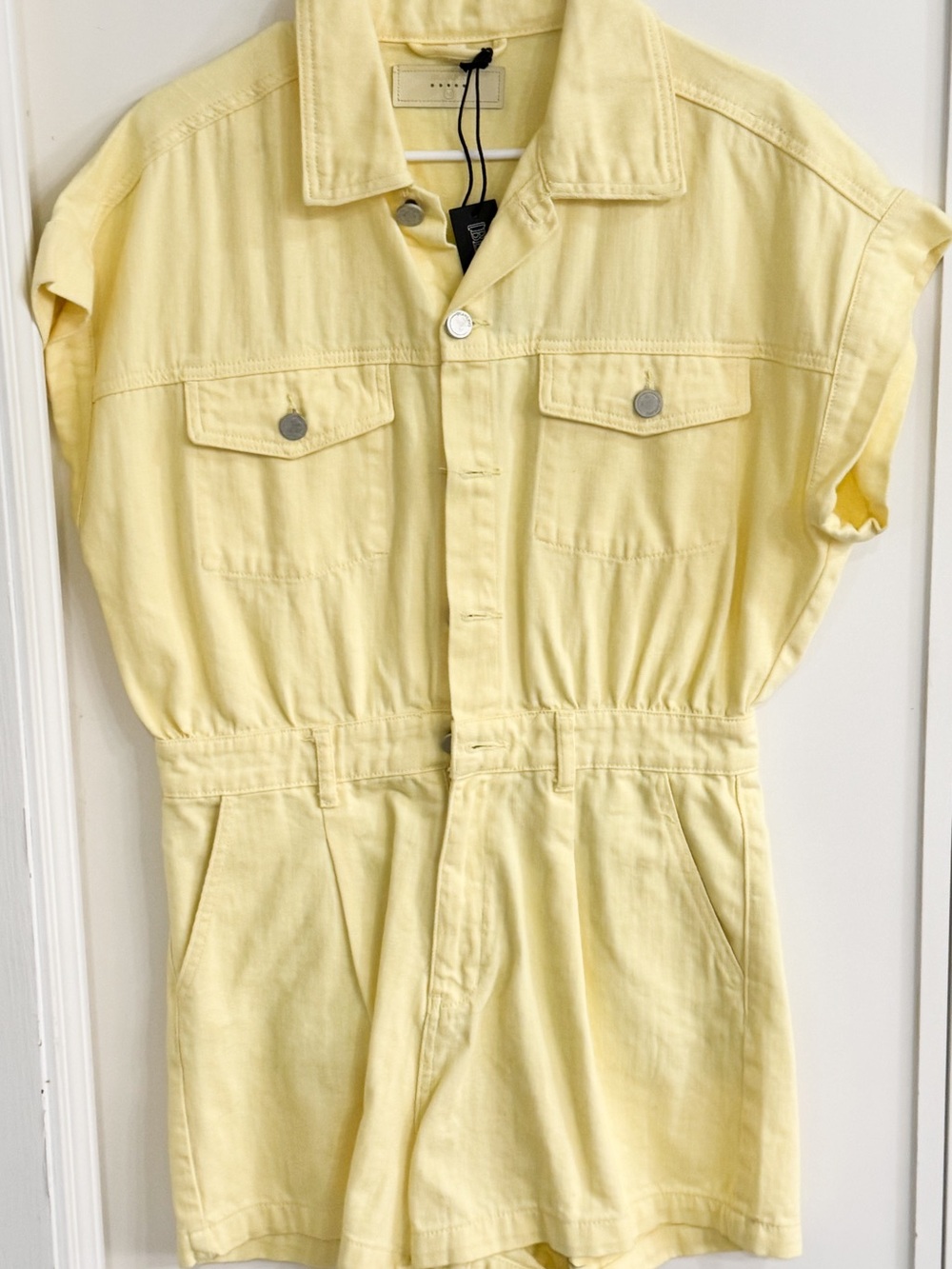 Blank NYC Pale Yellow Short Sleeve Denim Romper